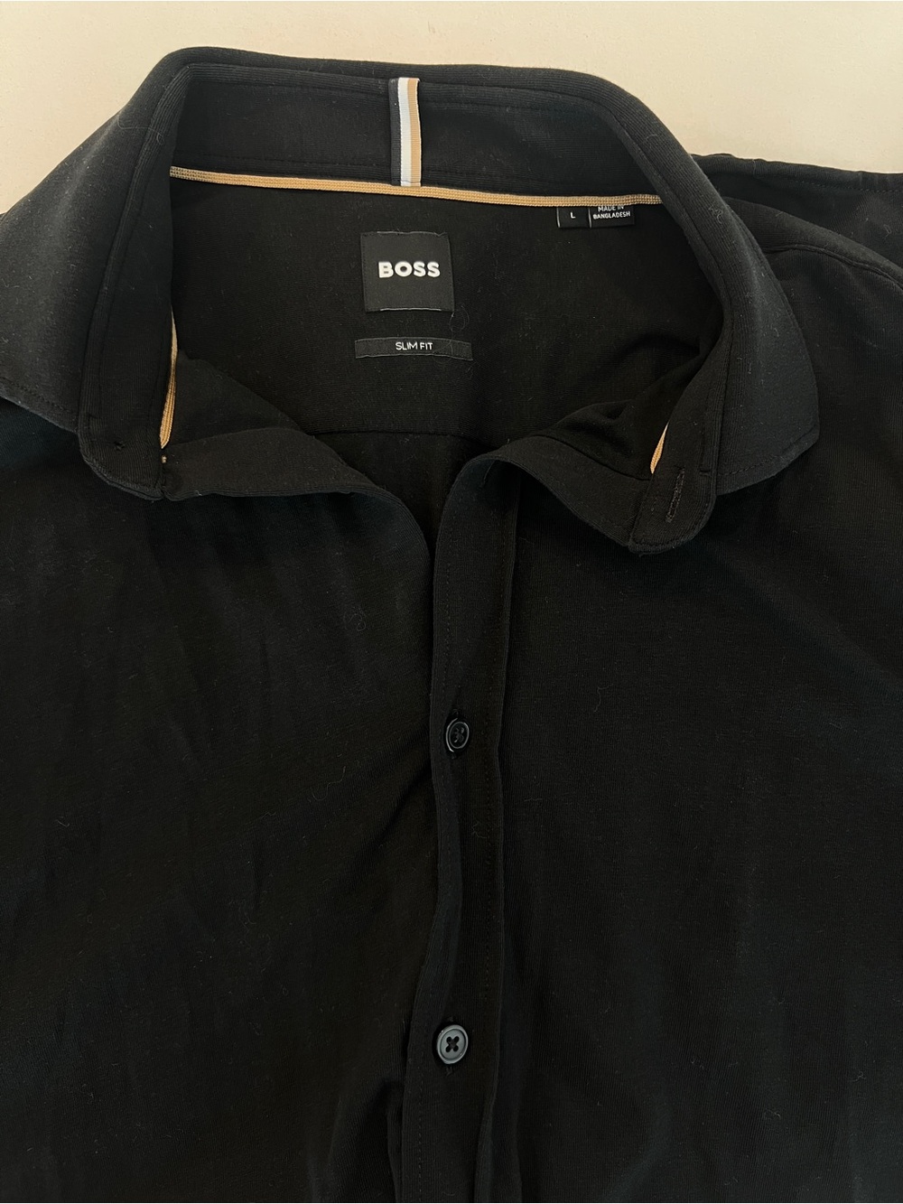 BOSS Black Slim Fit Men's Button-Down Shirt with Subtle Tan Trim